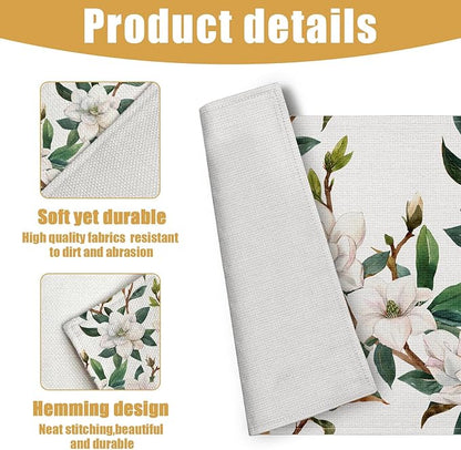 White Magnolia Flower Placemats Set of 6,Summer Flower Linen Place Mat Washable Stain Resistant Table Mats for Farmhouse Dining Party 12x18 Inch