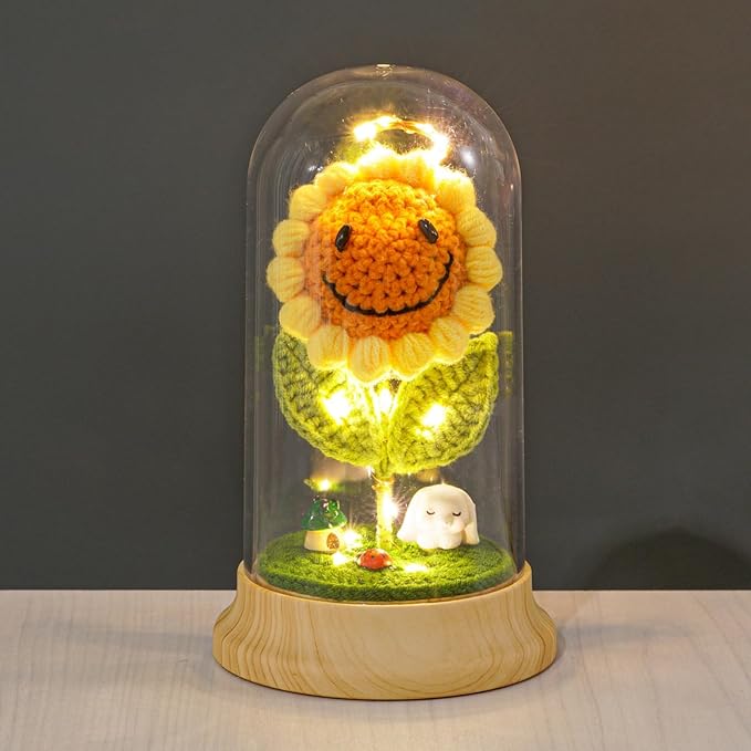 Levvohd Eternal Sunflower Gifts for Women, with Led Glass Dome Smiley Crochet Artificial Sun Flower Desk Decorations, for Her Mom Mothers Day Birthday Christmas Valentine Gifts (W 4.3" X H 7.5")
