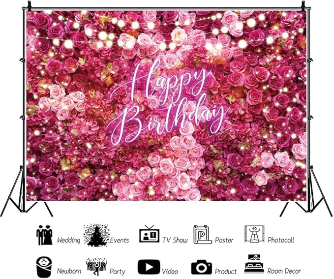 Rose Flower Happy Birthday Backdrop 6x4ft Shining Glitter Romantic Floral Women Girls Birthday Photography Background Baby Shower Party Decorations