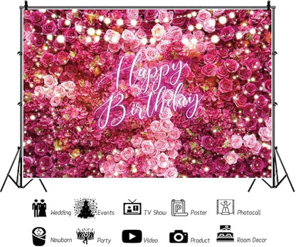 Rose Flower Happy Birthday Backdrop 5x3ft Shining Glitter Romantic Floral Women Girls Birthday Photography Background Baby Shower Party Decorations