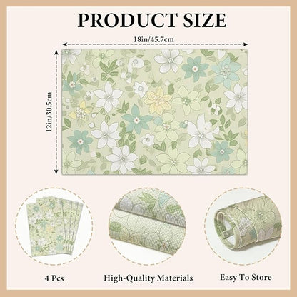 Cotton Linen Waterproof Placemats Set of 4, Sage Green Floral Dining Mat Table Mats Decor Fabric for Kitchen Dinner Coffee Shop Table, Indoor/Outdoor Washable Wipeable Placemat -N028