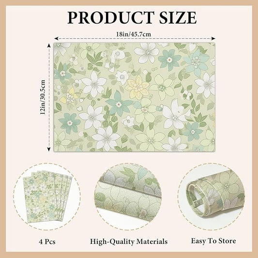 Cotton Linen Waterproof Placemats Set of 4, Sage Green Floral Dining Mat Table Mats Decor Fabric for Kitchen Dinner Coffee Shop Table, Indoor/Outdoor Washable Wipeable Placemat -N028