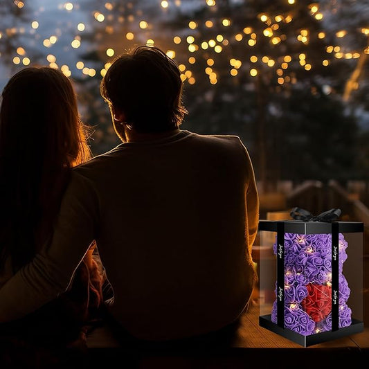 Otlonpe Cute Bear Rose Flower with Light | Women Gifts & Indoor Table Decorations for Christmas, Valentines, Mothers Day, Birthday, Anniversary | Handmade Gifts for Women Mom Wife Girlfriend (Purple)