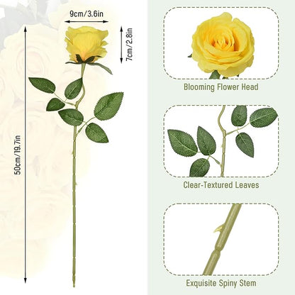 Waipfaru 16 Pcs Mothers Day Fake Roses, Silk Yellow Roses Artificial Flowers with Long Stems for Valentines Day Wedding Bouquet Vase, Cemetery Flowers for Grave (Yellow)