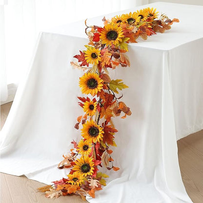 Mizii Artificial Sunflower Garland 6FT Fake Silk Sunflowers Flower Garland Autumn Hanging Vines Decorations for Kitchen Table Centerpieces Room Wall Party Wedding Birthday Fall Decor (Orange)