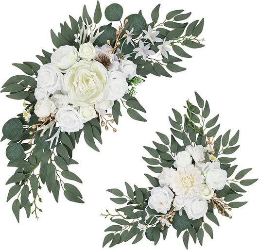 Wedding Arch Flowers Set of 2, Artificial Wisteria & Greenery Garland for Wedding Ceremony Backdrop, Wedding Floral Arrangement for Arch, Photo Booth & Reception Decor (White)