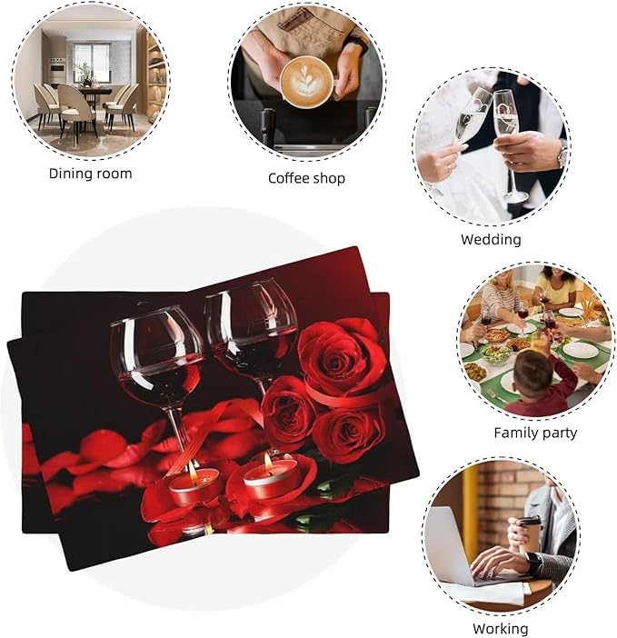 Red Rose Wine Linen Table Placemats Set of 4 Retro Romantic Placemat Indoor Outdoor Party Home Desktop Kitchen Dining Room Decoration 12x18 Inch
