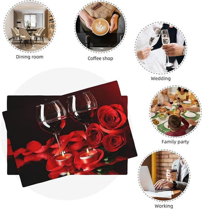 Red Rose Wine Linen Table Placemats Set of 4 Retro Romantic Placemat Indoor Outdoor Party Home Desktop Kitchen Dining Room Decoration 12x18 Inch