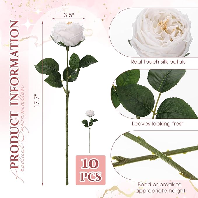 10pcs Real Touch Peonies Artificial Flowers, Faux Austin Rose with Long Stem Look Real Fake Flower for Christmas Valentines Arrangement Wedding Party Home Kitchen Decor(White)