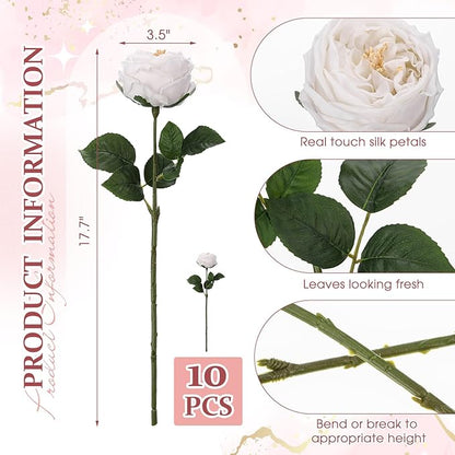 10pcs Real Touch Peonies Artificial Flowers, Faux Austin Rose with Long Stem Look Real Fake Flower for Christmas Valentines Arrangement Wedding Party Home Kitchen Decor(White)