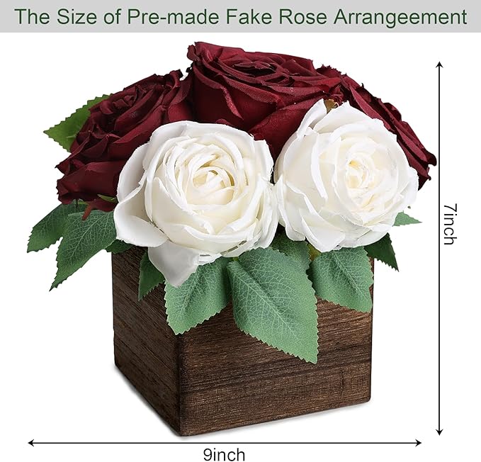 Dining Table Centerpiece Set of 6 - Pre-Made Aritifial Rose with Wooden Vase Fake Floral Arrangment Faux Flower for Wedding Bridal Tea Party Event Decorations - Burgundy & White