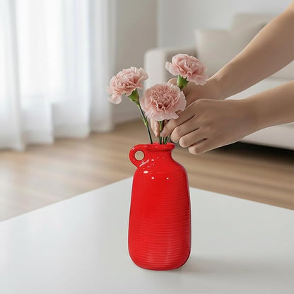 Sunddo Red Ceramic Vase - 10 Inch Modern Flower Vase for Home Decor, Decorative Vase with Handle, Red Decor for Entryway, Bedroom, Office, Centerpiece Table Decorations