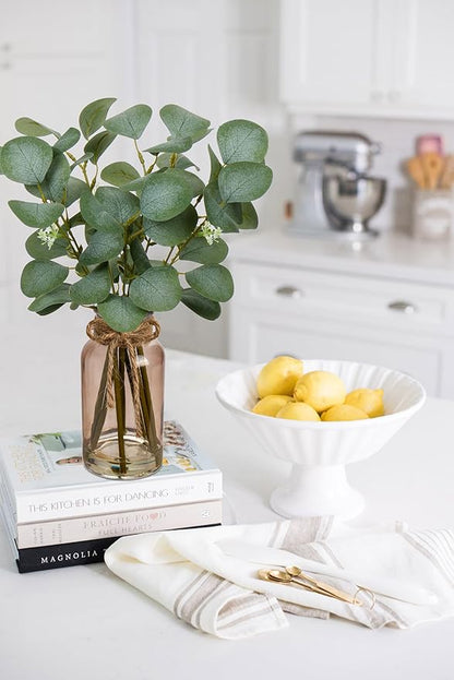 Briful Artificial Eucalyptus Stems in Teal Glass Vase with Faux Water, 14" Fake Plant Eucalyptus Leaves for Home Farmhouse Wedding Centerpiece Bathroom Décor