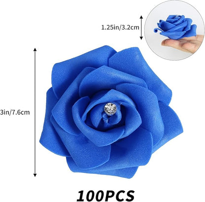 IPOPU 100pcs Royal Blue Artificial Rose Heads with Crystal 3in Real Looking Foam Fake Roses for DIY Craft Wedding Bouquets Wall Decoration Bridal Shower Arrangement Home Decorations(Royal Blue)