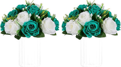 NUPTIO Flower Wedding Centrepieces for Tables - 2 Pcs 9.5in Diameter Teal & White Artificial Flowers Rose Ball for Centerpieces Table - Fake Rose Arrangements for Weddings Birthday Party Decorations
