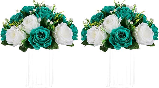 NUPTIO Flower Wedding Centrepieces for Tables - 2 Pcs 9.5in Diameter Teal & White Artificial Flowers Rose Ball for Centerpieces Table - Fake Rose Arrangements for Weddings Birthday Party Decorations