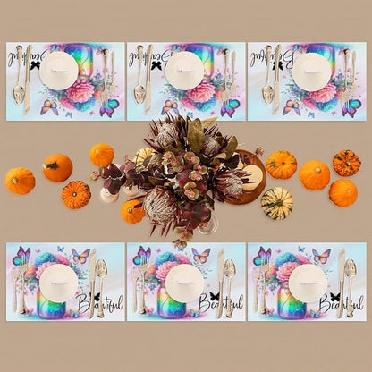 PVC Placemats Set of 6 Rainbow Flower Butterfly Wipeable Table Mats Washable Heat Resistant Non Slip Vinyl Dining Table Mat for Kithen Indoor Outdoor Patio Farmhouse Place Mats Decorative