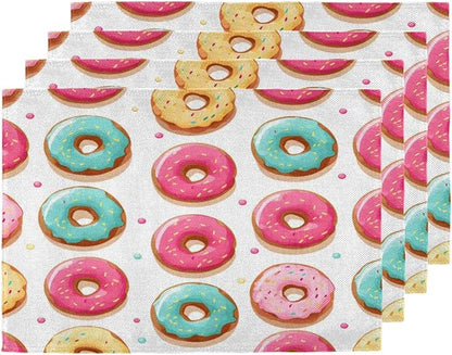 Sweet Doughnuts Placemats, Place Mats Set of 4, Heat Resistant Place Mats, Washable Table Mats for Dining Table, Non-Slip Stain Resistant Kitchen Table Placemats, Colorful Donut Pattern