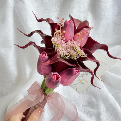 Floral Bouquet 10 Artificial Calla Lilies with 8 Artificial tulip flowers,Bridesmaid Bouquet with Wedding Ceremony Festivals Anniversary Bridal Rehearsal Party Bar Table Decor (dark red)