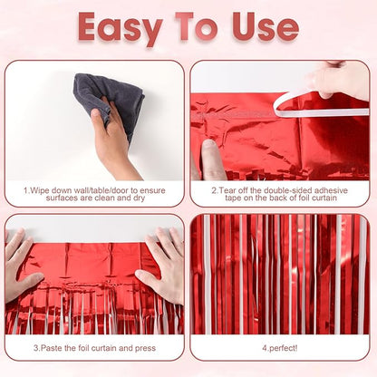 2 Pack Laser Red Foil Fringe Backdrop Curtains, Tinsel Streamers Birthday Party Decorations, Fringe Backdrop for Graduation, Baby Shower, Gender Reveal, Disco Party