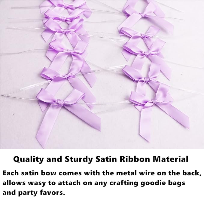 100 PCS 3 Inch Twist Bows for Treat Bags, Satin Twist Tie Bows, Pre Tied Bows with Wire, Ribbon Bows with Twist Ties for Gift Bags, Popcorn Bags, Cookie Bags, Party Favors(Light Purple)