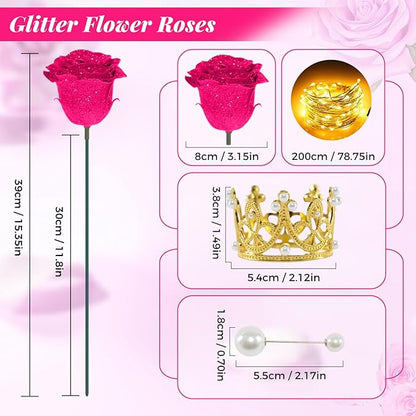 Rose Pink Glitter Roses Bouquet, 24 Pcs Shiny Glitter Flowers Bouquet, Everlasting DIY Artificial Roses Bouquet for Christmas, Birthday, Anniversary, Wedding, Engagement