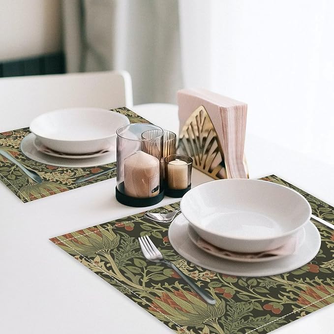 Vintage Boho Florals Placemats Set of 6, William Morris Retro Botanical Plant Foliage Place Mats, Heat Resistant Non Slip Cotton Linen Dining Table Mats for Home Kitchen Party 18x12 Inch