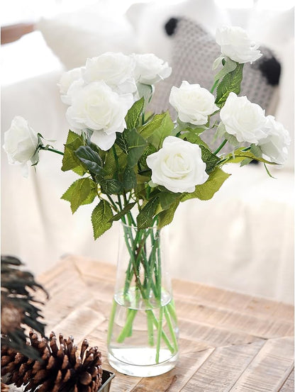 FiveSeasonStuff Real Touch White Artificial Roses – 12 Silk Rose Stems with Lifelike Blooms for Weddings, Bouquets, Centerpieces & Home Decor