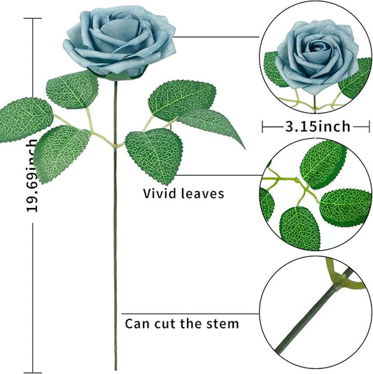 [25PCS] Light Blue Roses Artificial Flowers with Long Stem Real Touch Fake Foam Roses for Decoration DIY Wedding Bouquets Centerpieces Bridal Shower Flower Arrangements Home Decor