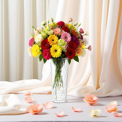 Clear Acrylic Ribbed Vase Wide Flower Plastic Vases for Centerpieces Mouth Vase Pot Container Large Cylinder Decorative Display Tulips Wide for Home Wedding Party Table Home Shatter-Proof