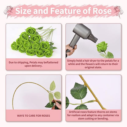 52 PCS Green Roses Artificial Flowers,Fake Green Roses Bouquet,Greens Artificial Silk Rose with Stems for Wedding Flowers Decoration, Valentines Day, Bridal Bouquet Rose,Wedding Decoration