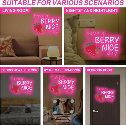 Have A Berry Nice Day Neon Sign, Aesthetic Wall Art, Light up My Happy Place Sign for Encouraging Light, Vintage Strawberry Decor, Pink Led Light for Bedroom, Club, Gifts For Birthday, Christmas Party