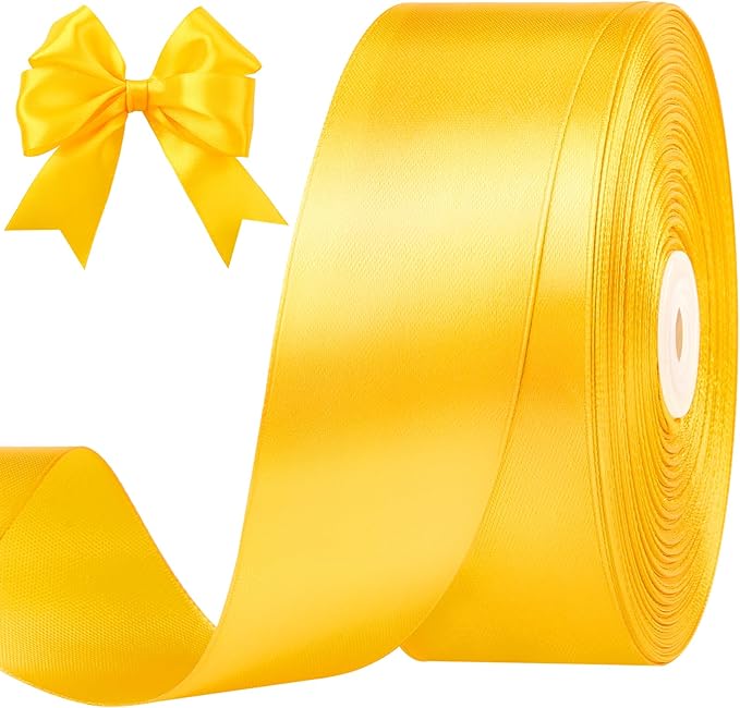 1-1/2 Inches 100 Yards Yellow Satin Ribbon, Solid Fabric Ribbon Roll for Flower Bouquets, Gift Wrapping, Wedding, Handmade Crafts