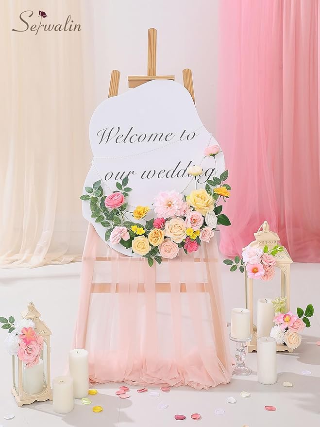 Serwalin Pink Artificial Flowers, Yellow Silk Fake Flowers for DIY Wedding Bridal Bouquets, Wedding Cake Flowers for Table Centerpieces Baby Shower Birthday Party Home Decorations