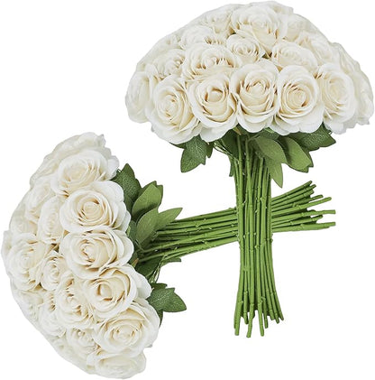 30pcs Roses Artificial Flowers Beige Silk Roses with Long Stems Fake Flowers for Wedding Bouquet Centerpices Decorations Party Bridal Baby Shower Home Decor