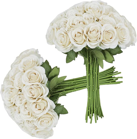 30pcs Roses Artificial Flowers Beige Silk Roses with Long Stems Fake Flowers for Wedding Bouquet Centerpices Decorations Party Bridal Baby Shower Home Decor