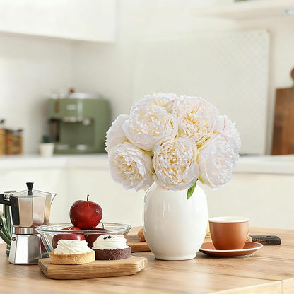 10PCS Off White Realistic Artificial Flowers Peony Fake Silk for Home Office Wedding Table Centerpieces Party Festival Bar Decoration Indoor