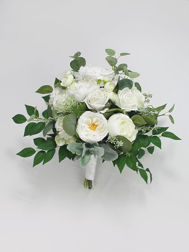 Rinlong Wedding Bouquets for Bride White Green Bridal Bouquet for Wedding Artificial Flowers Silk Bouquet White Lush Green