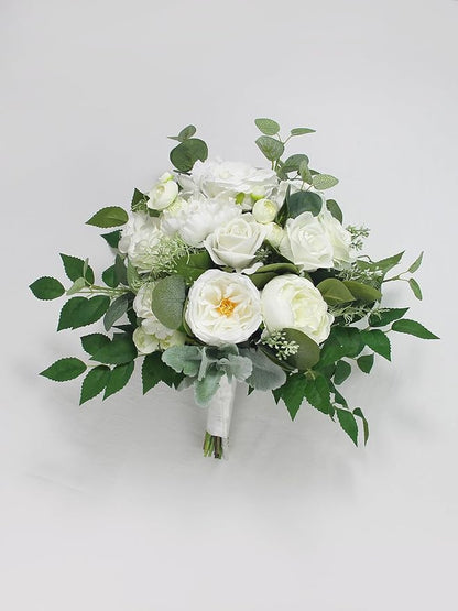 Rinlong Wedding Bouquets for Bride White Green Bridal Bouquet for Wedding Artificial Flowers Silk Bouquet White Lush Green