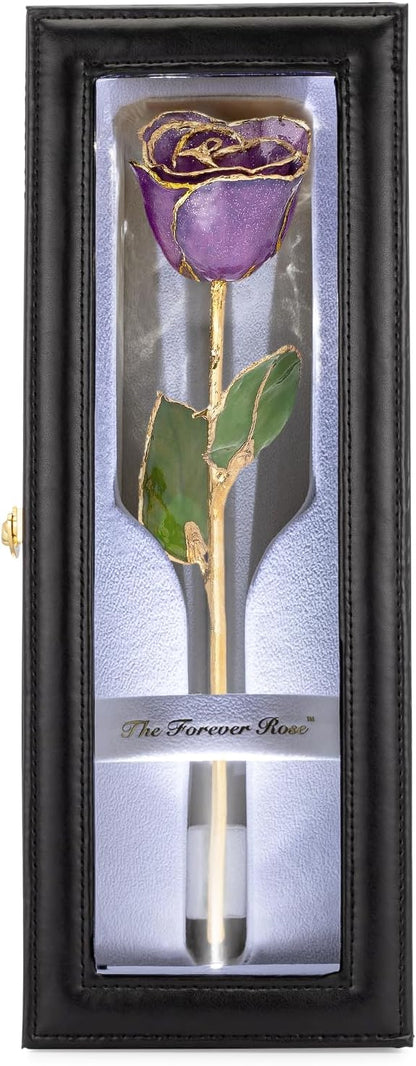 Forever Rose Hand-Dipped in 24K Gold, Amethyst-Inspired February Birthstone with Sparkles, Real Rose in Leather Case with LED Light – Perfect Ready to Gift for February Birthday or Any Occasion