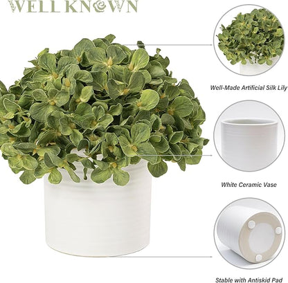 Hydrangea Fake Flowers in Vase, Artificial Flowers with Ceramic Vase Small Faux Potted Plant Arrangements for Bathroom Home Desk Kitchen Counter Vanity Shelf Coffee Table Centerpiece Decor (Green)