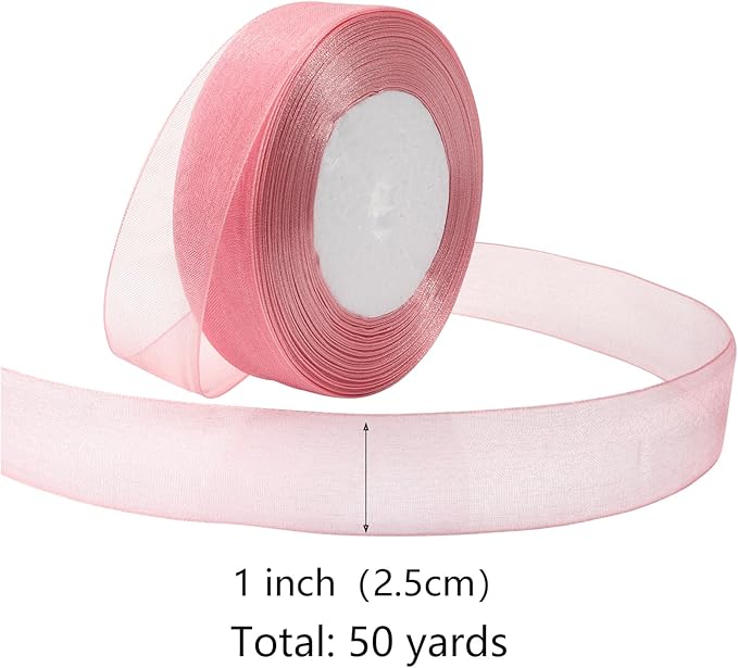 Rose Gold Ribbon for Gift Wrapping 1 inch Sheer Organza Ribbon for Flower Bouquet Tulle Thin Chiffon Ribbons for Wedding Invitations Presents Decorations Crafts 50 Yards