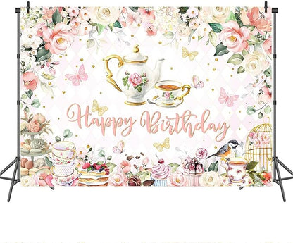 Mocsicka Tea Party Happy Birthday Backdrop Floral Princess Tea Birthday Party Decorations Kids Wonderland Let's Partea Dessert Caketable Banner Photo Booth (5x3ft)