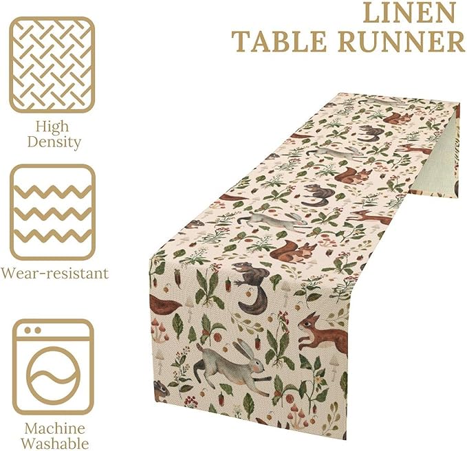 Rustic Forest Table Runner, Cartoon Woodland Wild Animals Rabbit Fox Vintage Botanical Mushroom Herbs Table Cover for Indoor Outdoor Home Decor Party, 13x70inch