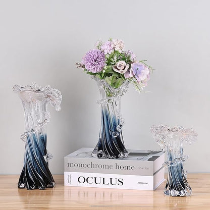 8.1" H Blue Ocean Wave Vase, Blown Glass Vase, Unique Modern Art Beautiful Hand Blown Coastal Centerpieces for Living Room, Bedroom, Office Desktop, Coffee Table, and Wedding Decorative (S)