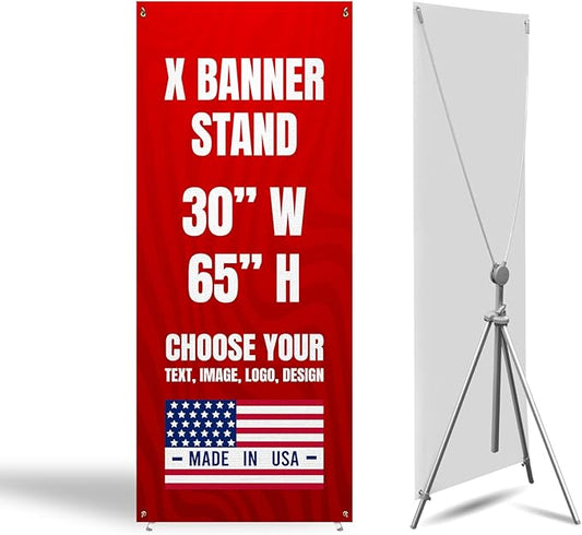 Custom X-Stand Banner with Adjustable Tripod (30”x65”) by BCB Print | Personalized Cross Stand Banner for Advertising & Trade Shows | HD Print Vertical Stand | Express Dispatch+Ship/Made in USA