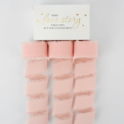 MEEDEE Blush Chiffon Ribbon 1 Inch Fringe Ribbon Pink Chiffon Silk Frayed Edge Ribbons Thin Chiffon Ribbons for Crafts, Gift Wrapping, Wedding Invitation (3 Rolls 21 Yards)