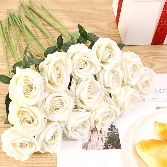 Cloudecor 15Pcs White Roses Artificial Flowers Fake Roses Long Stem Velet Rose Silk Flowers for Home Wedding Decoration (Round Roses,Cream White)