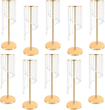 10 Pcs 23.6In Tall Crystal Flower Vase, Acrylic Crystal Flower Vases Metal Flower Stand for Wedding Reception and Event Centerpieces 9.4 x 9.4 x 23.6 Inch Gold