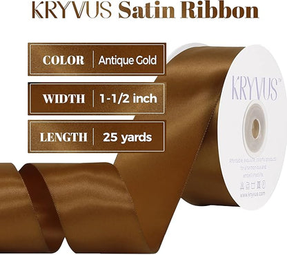 Antique Gold Satin Ribbon, Double Faced 1-1/2 Inch X 25 Yards Antique Gold Ribbon, Premium Satin Ribbons for Gift Wrapping, Crafts, Hair Bow Making, Sewing, Flower Bouquet, Wedding Party Decor